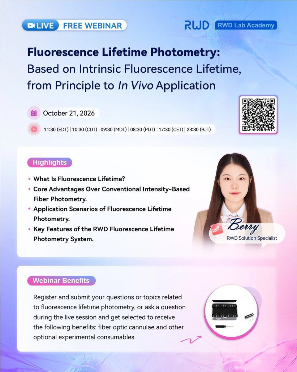 RWDScience's tweet photo. 1/ RWD Lab Academy Webinar Series: Brand-New Content Now Live! Fluorescence Lifetime Photometry: Based on Intrinsic Fluorescence Lifetime, from Principle to 𝑰𝒏 𝑽𝒊𝒗𝒐 Application.

2/ Struggling with FLiP experiments? Probe expression variability, excitation power fluctuations, photobleaching, cross-brain-region/animal comparison, and absolute quantification?

3/ Join this RWD webinar to explore the Fluorescence Lifetime Photometry System—basic concepts, core advantages, typical applications, and reliable quantitative support.

4/ 📅 Oct 21, 2026 | 11:30 EDT / 10:30 CDT / 09:30 MDT / 08:30 PDT / 17:30 (CET)  / 23:30 BJT
👩🔬 Speaker: Berry, RWD Solution Specialist

5/ Highlights: What is fluorescence lifetime? Core advantages over intensity-based fiber photometry? Application scenarios? Key features of the RWD FLiP system?

6/ Beyond skills: FLiP uses TCSPC for real-time monitoring in freely moving animals—high anti-interference, long-term stability, cross-sample comparison, absolute quantification.
7/ 🎁 Live interaction rewards. 

Register via link/QR on poster:
https://t.co/cQe0sNMPfH

#RWD #Webinar #FluorescenceLifetimePhotometry #Neuroscience #BrainResearch