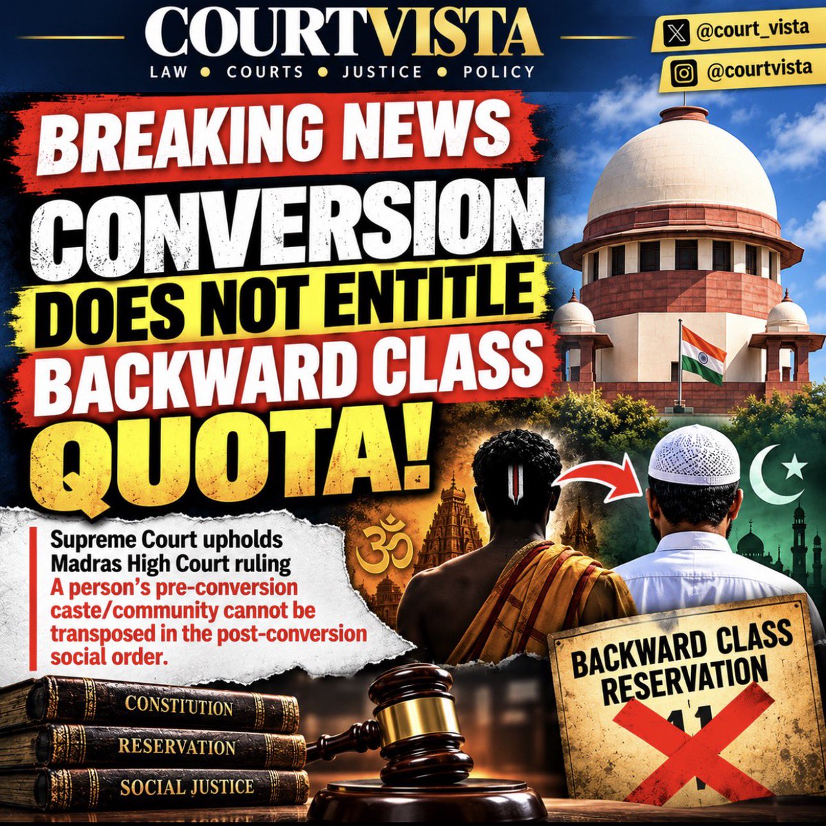Court_Vista's tweet photo. Can conversion alone secure backward-class reservation benefits?

The Supreme Court has upheld the Madras High Court ruling that pre-conversion caste/community status cannot automatically be carried into the post-conversion social order.

#SupremeCourt #Reservation #courtvista https://t.co/Xn5ktfbj1U