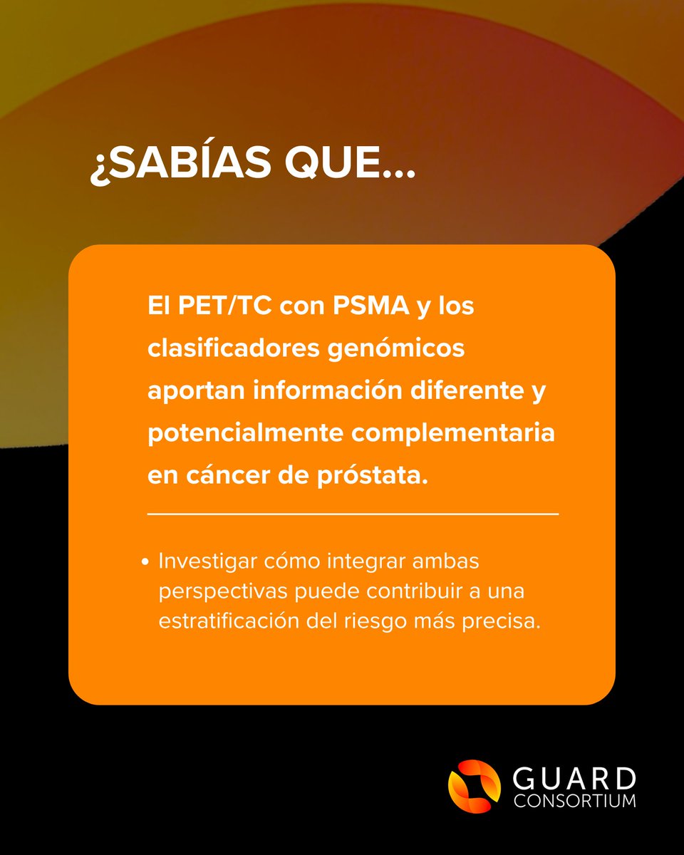GuardConsortium's tweet photo. ¿Sabías que el PET/TC con PSMA y los clasificadores genómicos aportan información diferente y potencialmente complementaria en cáncer de próstata?

La imagen molecular ayuda a conocer la distribución de la enfermedad, mientras que las herramientas genómicas aportan información sobre la biología del tumor.

Investigar cómo integrar ambas perspectivas puede contribuir a una estratificación del riesgo más precisa.

#CáncerDePróstata #PETPSMA #Genómica #MedicinaDePrecisión #GUARDConsortium @DrFelixGuerrero @cdanicas @dralvaropinto @drenriquegrande @fcounago @docjavip @BerUrologia @DrJaVallejo @Maroto5Pablo @nachoduranm @RodriguezAntona @AnaPlatabello1