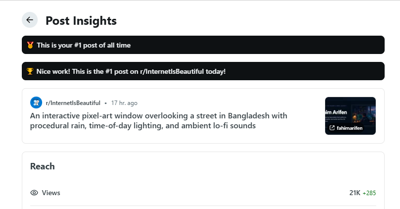 ArifenAziz's tweet photo. Built a different kind of dev portfolio and it unexpectedly hit #1 on r/InternetIsBeautiful subreddit yesterday! 🏆

It’s an interactive pixel-art workspace overlooking Chittagong, built with Astro, CSS &amp; the Web Audio API.

Link below  (sound on!)

#buildinpublic #PortfolioDay https://t.co/m4kJqbQ4LN