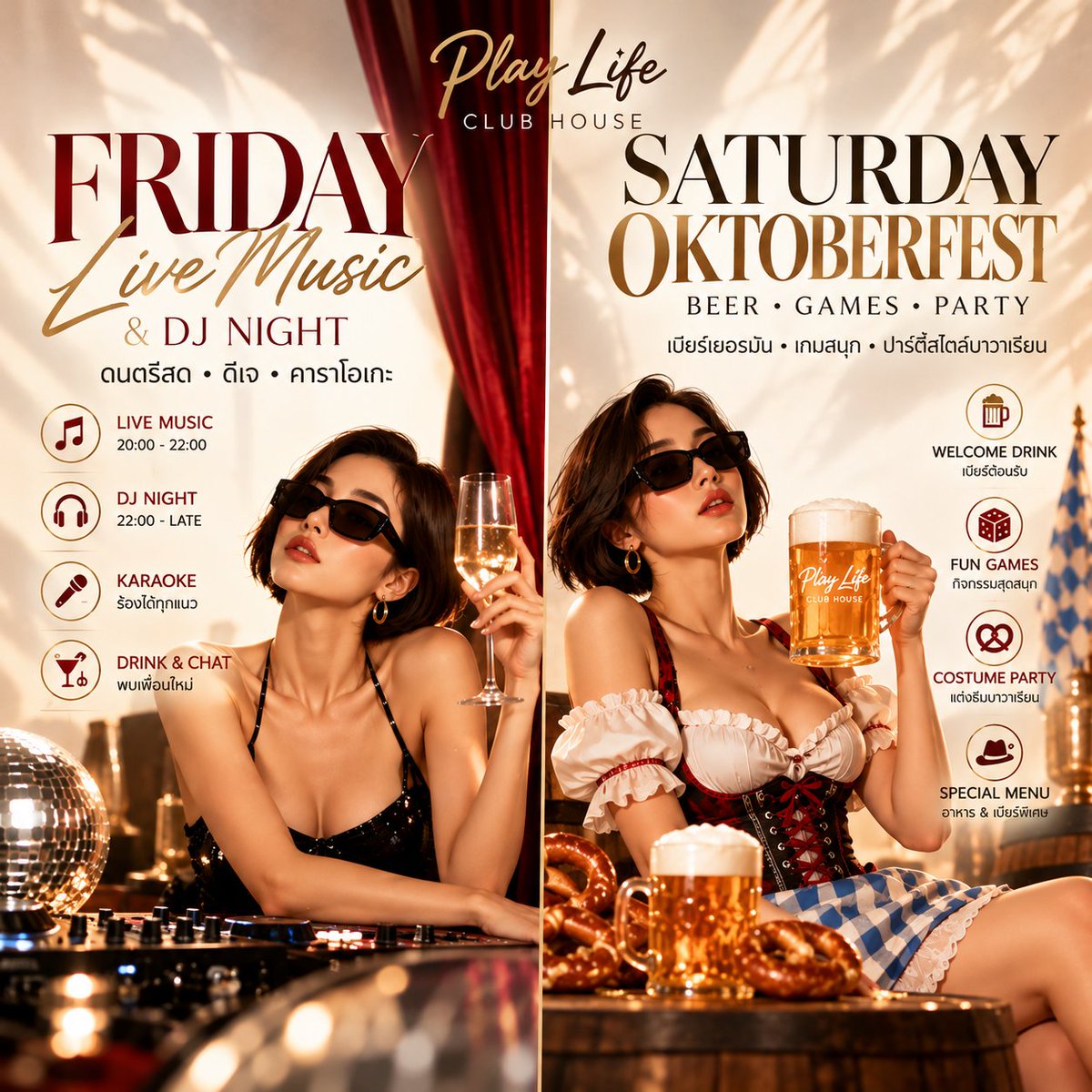 PlaylifeC's tweet photo. 🔥 Friday is Music Lover
🎉 Saturday is Oktoberfest
🥂 และยังมี Event อีกเพียบตลอดเดือน!

💎 MONTHLY MEMBER
👤 ชายเดี่ยว 2,499 บาท
👩‍❤️‍👨 คู่รัก 2,899 บาท

สมัครครั้งเดียว สนุกได้ทั้ง��ดือน! 🍻
ไม่ต้องรอเทศกาล เพราะทุก Weekend มี��ัดที่ Play Life

📍 PLAY LIFE CLUB HOUSE
DM สอบถามและสมัครได้เลย 🔥