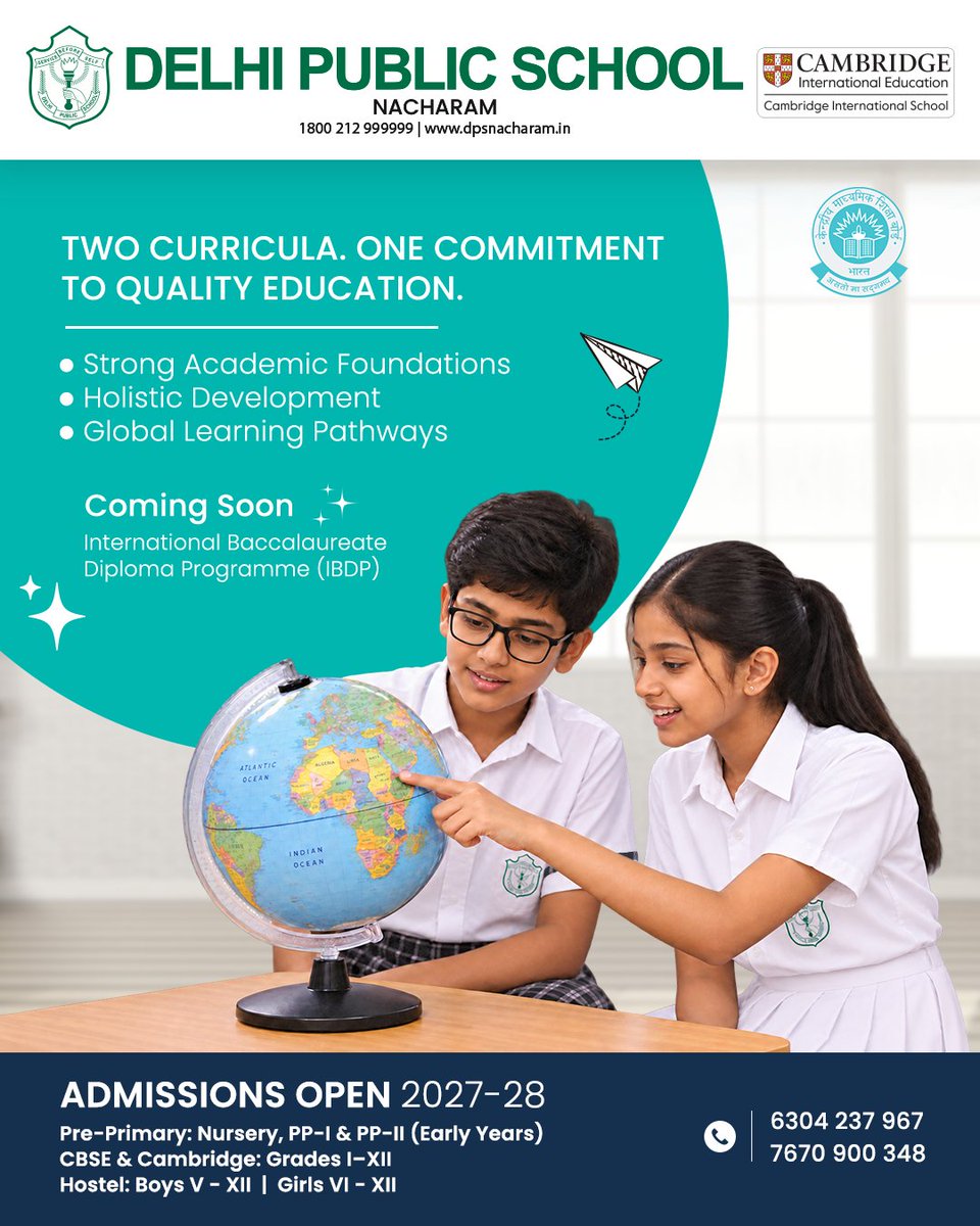 DPSSecunderabad's tweet photo. 🚀 Shape your child’s future at DPS Nacharam!
🎓 Admissions Open 2027–28 | CBSE & Cambridge (Grades I–XII)
🏫 Pre-Primary & Hostel
🌏 IBDP Coming Soon!
📞 63042 37967 | 76700 900348
#DPSNacharam #AdmissionsOpen #GlobalLearning https://t.co/ZEMSOl5C6V
