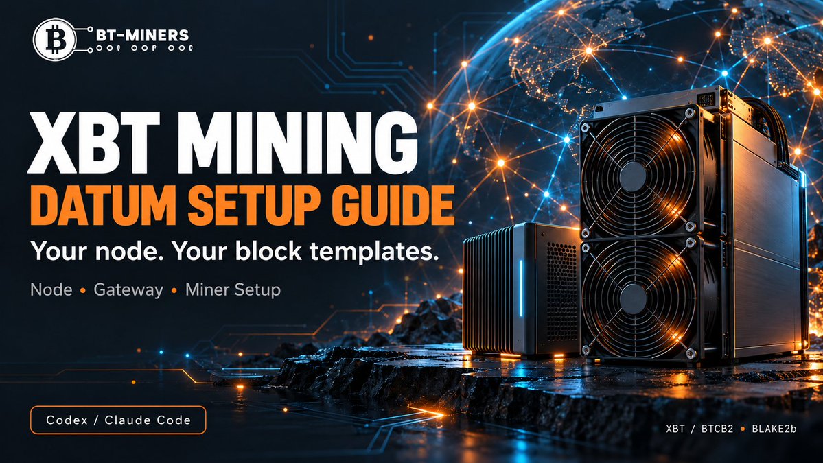 BtMiners's tweet photo. Mining XBT/BTCB2? Take control of your block templates with DATUM. ⛏️
Our guide covers node setup, DATUM Gateway, miner connections, and a ready-to-copy prompt for Codex or Claude Code.
Read more 👇
https://t.co/nW76oJg6XZ
#XBT #BTCB2 #Mining https://t.co/weyG6AgHTq