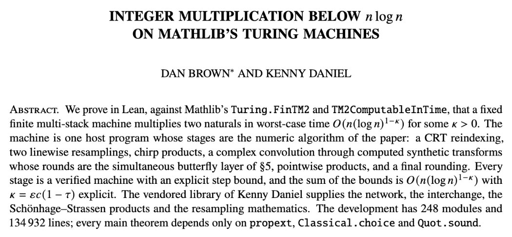 platypii's tweet photo. 6 days later and with huge help from @jdb1729 it looks like we proved in Lean the integer multiplication sub-n log n result from @OpenAI! https://t.co/OZF9FOwvFf
