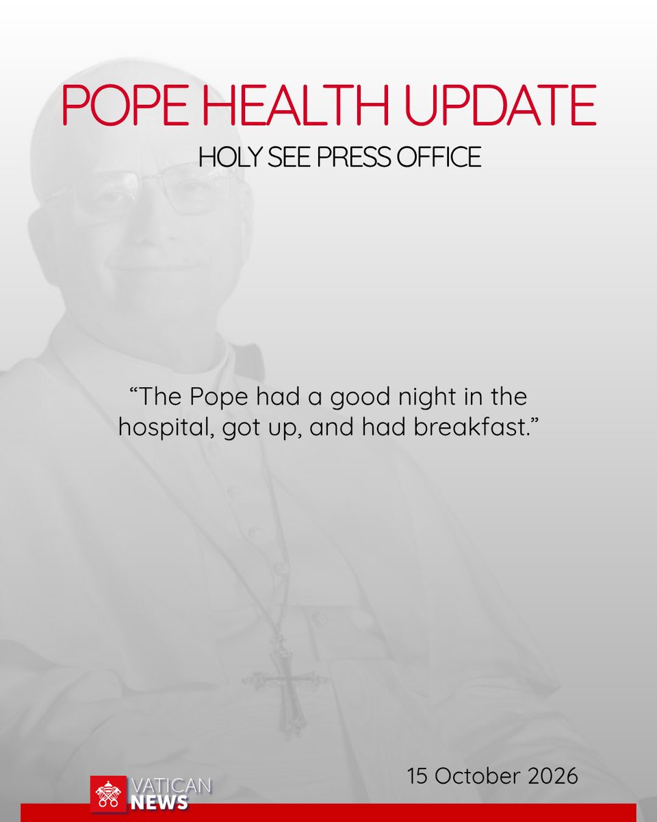 VaticanNews's tweet photo. Pope Leo XIV had a good second night in Gemelli Hospital after his lung surgery on Tuesday. 

The Holy See Press Office said on Thursday morning that the Pope got up and had breakfast. https://t.co/nE5ljqsbCk