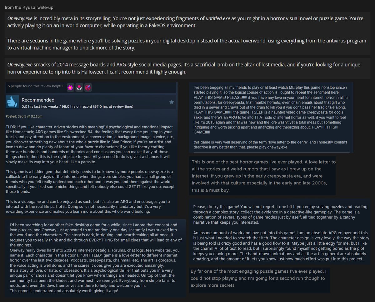 s_SLUSH_s's tweet photo. the sequel is coming to kickstarter, and a GT video before its live would mean everything.
indie horror this strange, unique, and lore-rich is rare. the fans are loud for a reason, this game changes lives!

PLEASE cover oneway.exe!
@DapperMrTom @absofruitlyash @TeamTheorist https://t.co/xhNN532JSS