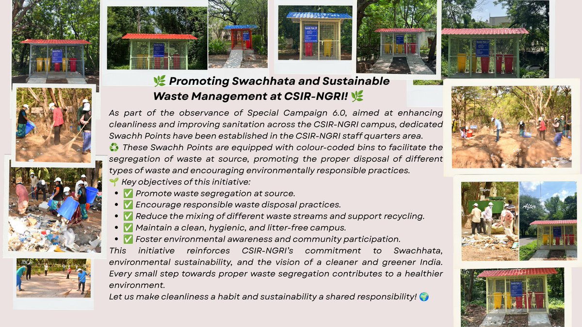 csirngri's tweet photo. @DrJitendraSingh @DrShaileshNaya1 @DrNKalaiselvi @CSIR_IND #SpecialCampaign6 #Swachhata #CSIR #CSIRNGRI #CleanAndGreenCampus #WasteSegregation #SustainableLiving #SwachhBharat #EnvironmentalSustainability https://t.co/WFIpAK3OrD