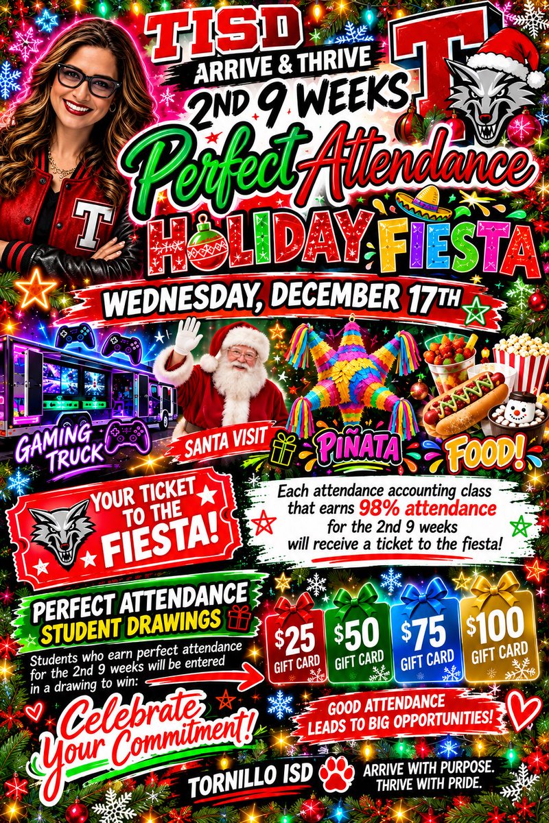 rvegab_Edu's tweet photo. Coyotes the 2nd 9 Weeks Perfect Attendance Holiday Fiesta 🪅 is one you do not want to miss! Arrive &amp; Thrive to earn your entry ticket! #TISDProud https://t.co/piO4OSPbAP