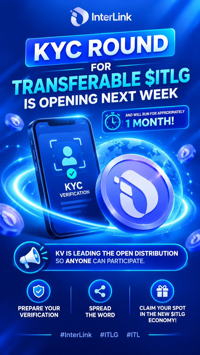 bitworld_btw's tweet photo. KYC Round for Transferable $ITLG is opening next week and will run for approximately 1 month! ⏳
​KV is leading the open distribution so ANYONE can participate. Prepare your verification, spread the word, and claim your spot in the new $ITLG economy! 🌐
​#InterLink #ITLG #ITL https://t.co/cNKuDX0q3D