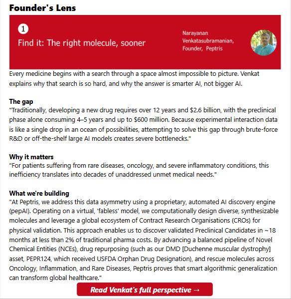 ianetwork's tweet photo. Inside IAN Prism: Rethinking drug discovery with AI

Drug discovery is a long, complex, and resource-intensive process. Peptris is working to change that with AI-driven molecule discovery designed to accelerate the journey from computational design to validated drug candidates.

Narayanan Venkatasubramanian, Founder of Peptris, shares how the company is leveraging its proprietary AI engine to rethink traditional drug discovery and help address unmet medical needs.

Read IAN Prism for insights into the ideas and innovations shaping tomorrow’s industries. → https://t.co/V8QwX4LykR

#IANPrism #IANGroup #DrugDiscovery #ArtificialIntelligence #HealthTech
