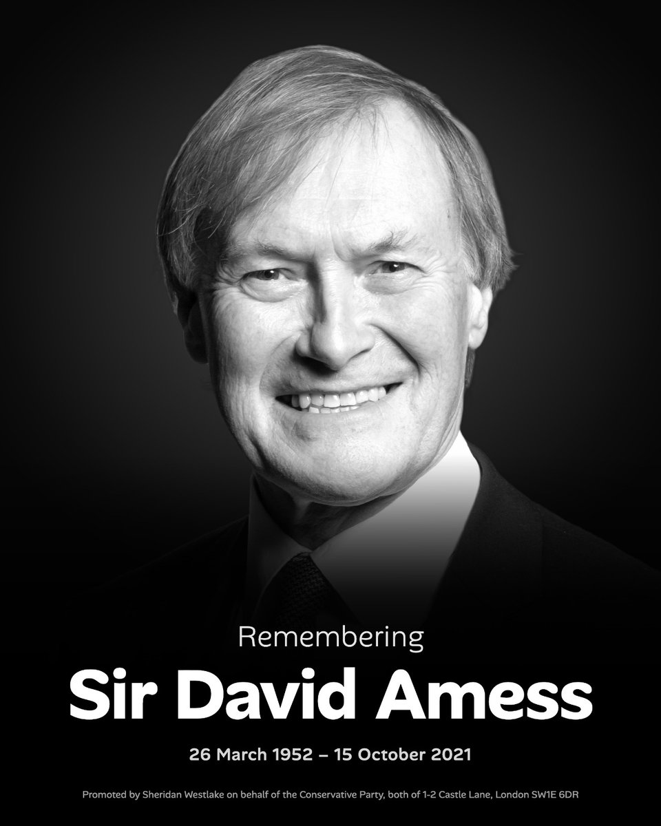 Conservatives's tweet photo. Five years ago today, Sir David Amess was murdered while doing what he had done for almost 40 years: serving the people who elected him.

He never stopped showing up for them. On the day his life was taken, he was there once again, listening and helping, just as he always had.

Today we remember a much-loved colleague and friend. Above all, our thoughts are with his wife and children, who carry his loss every day.