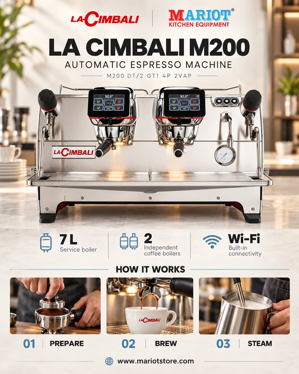 MariotUae's tweet photo. لا تشيمبالي M200 — ماكينة إسبريسو أوتوماتيكية ☕🇮🇹
✔ الموديل: M200 DT/2 GT1 4P 2VAP
✔ غلاية خدمة 7 لتر | غلايتا قهوة مستقلتان
✔ اتصال Wi-Fi مدمج
👇 Shop Now: https://t.co/jsEW5w92js

#LaCimbali #M200 #EspressoMachine #MariotStore #لا_تشيمبالي #ماكينة_إسبريسو #متجر_ماريوت https://t.co/SKDQkzKl7s