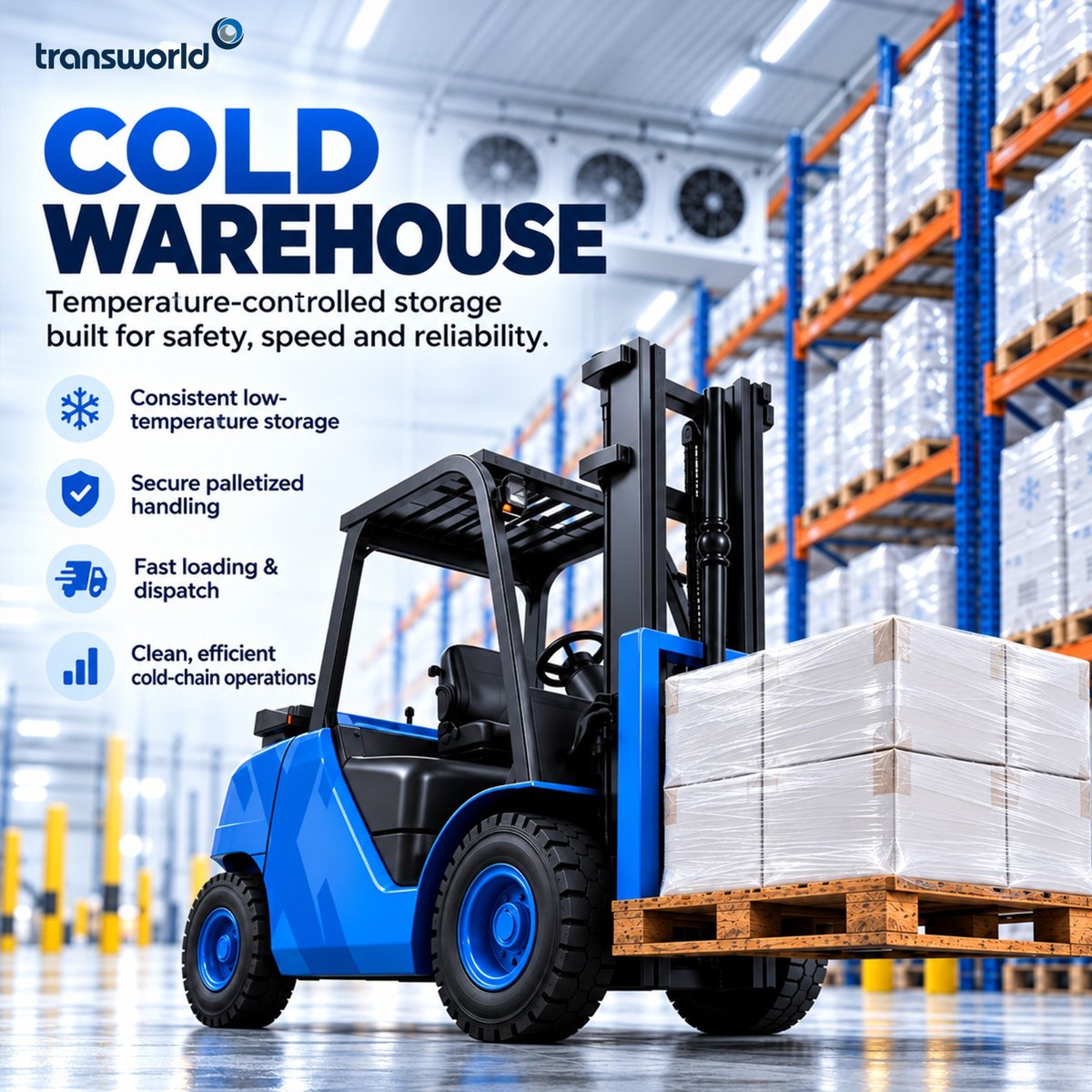 TransworldTweet's tweet photo. Reliable cold-chain logistics starts with the right storage and handling.

At Transworld, our temperature-controlled warehousing solutions support secure storage, efficient palletized handling and timely dispatch, helping businesses maintain product integrity throughout the supply chain.

Looking for a reliable cold storage partner? Connect with us at https://t.co/isv5nRx1aU

#Transworld #ColdChainLogistics #ColdStorage #Warehousing #SupplyChain