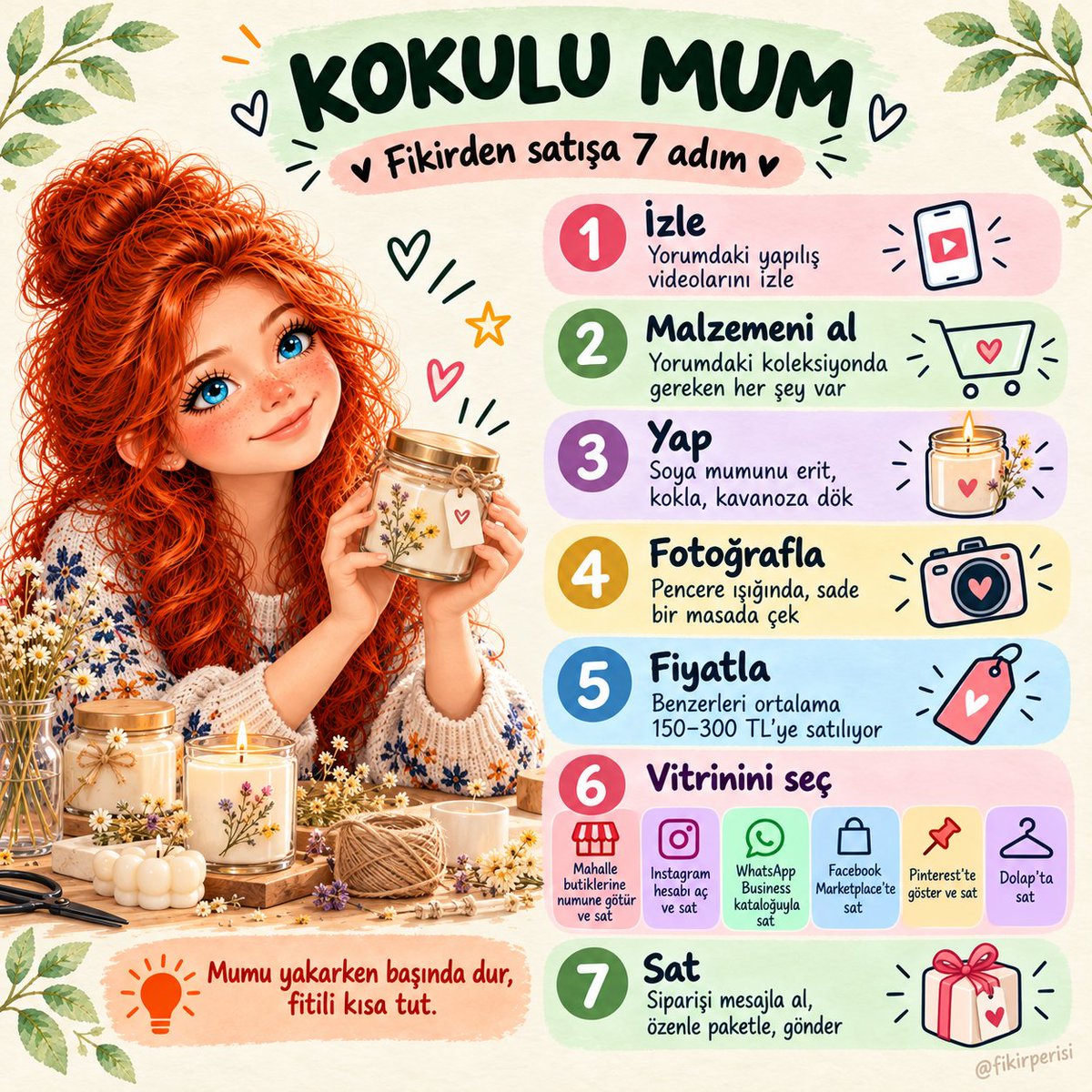 fikirperisi's tweet photo. Bir kavanoz, biraz soya mumu...

💡 Evden iş fikri: Butik ve kafeler için kokulu mum

🏷️ Benzerleri 150–300 TL'ye satılıyor
✔️ Yeni kokuyla yeniden satılır

🤖 Yapay zekâya sor: "Kokulu mumumu nasıl çeşitlendiririm?"
🎥 Videolar ve 🛒 malzemeler yorumlarda 👇

#EvdenİşFikri https://t.co/JJaVsyoxtj