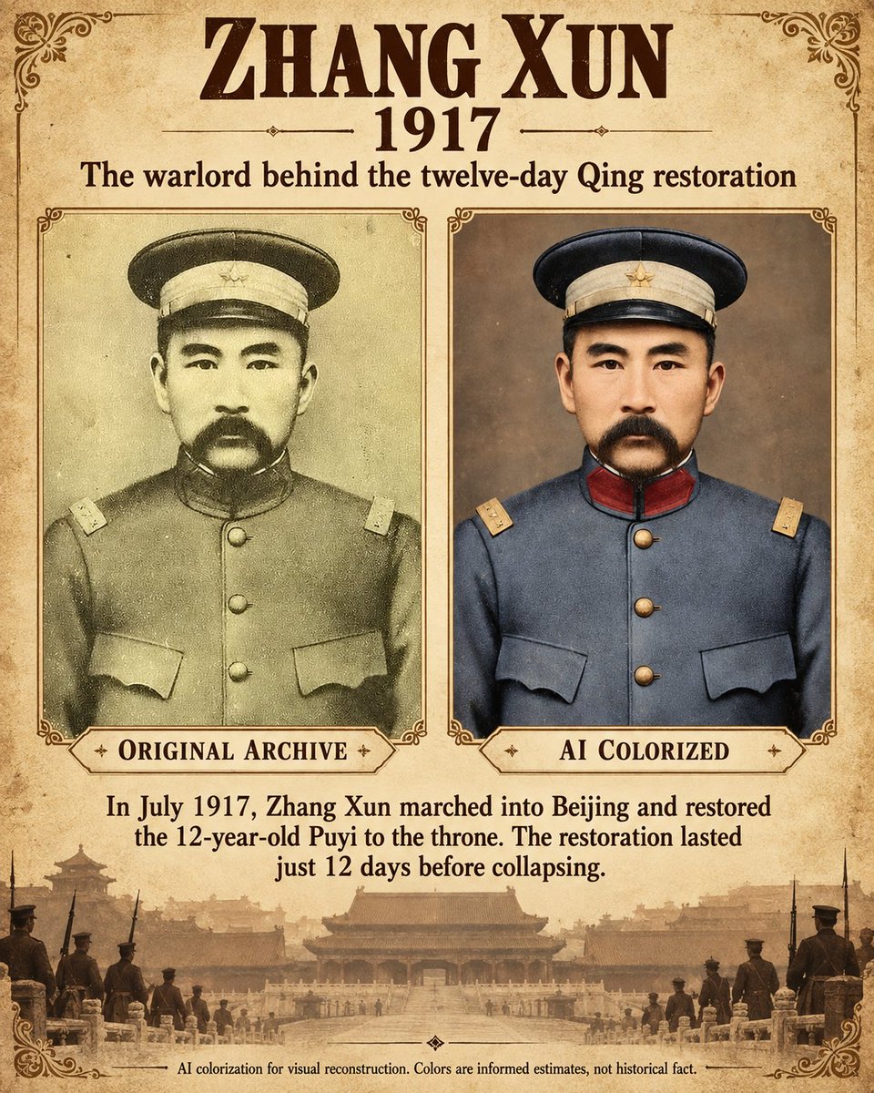 ASHyy240113's tweet photo. This is Zhang Xun. In July 1917, he marched his army into Beijing — every soldier wearing a Qing-dynasty queue — and put the 12-year-old Puyi back on the throne.

Loyalists rushed to buy court robes and fake braids. The dragon flag flew over Beijing again.

It lasted 12 days. When it collapsed, the streets were littered with discarded queues, and Zhang fled to the Dutch embassy.

Brought back to life with AI. 🏛️
#History #OldChina