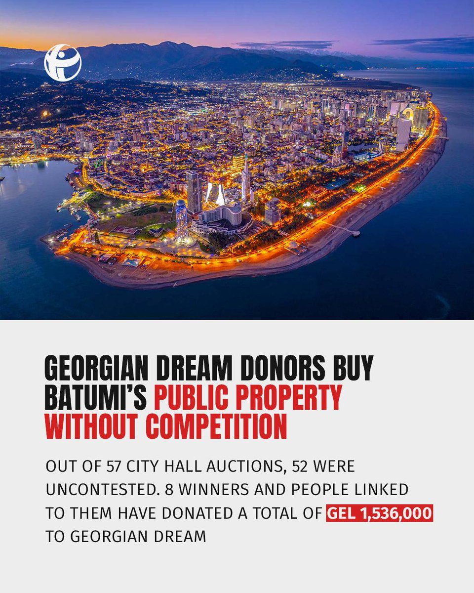 Transparency_GE's tweet photo. ⭕️ How much does it cost to win a government auction in Batumi?

52 of 57 completed auctions had no competition. Meanwhile, people linked to 8 winning companies donated GEL 1.5M+ to Georgian Dream.

🔗 Read full investigation: https://t.co/281kXfwdT1 https://t.co/vzkew8zbry