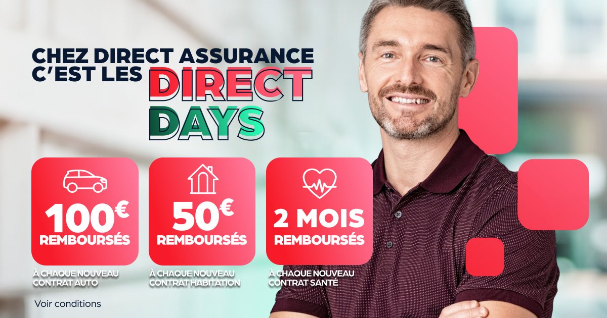 DirectAssurance's tweet photo. 🚨 Dernière chance: les Direct Days se terminent ce soir ! 
Grâce au code DIRECTDAYS, vous pouvez cumuler nos offres spéciales pour tout nouveau contrat Auto, Habitation et Santé ! 
🚀 Alors foncez sur https://t.co/4jxmhK08Jo 

#Assurance #Habitation #Auto #Santé #Économies https://t.co/mPT9CQpIh0