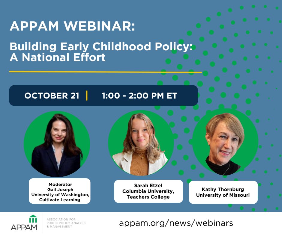 APPAM_DC's tweet photo. The field of early childhood policy is growing &amp; so is the need for leaders prepared to shape policies for young children &amp; their families. Join APPAM &amp; ECPIHE leaders for a discussion of the initiative’s progress, impact, and future goals.
Register: https://t.co/svNqw5cEEE https://t.co/2Mjxa4ojvM
