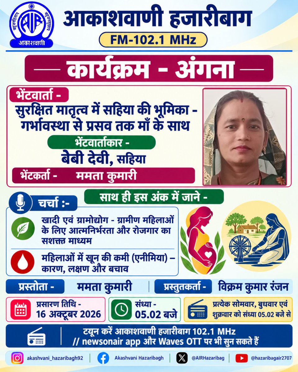 AlRHazaribag's tweet photo. 📻 आकाशवाणी हजारीबाग
FM – 102.1 MHz

🎙️ कार्यक्रम – अंगना

🎙️ प्रस्तोता – ममता कुमारी

📡 प्रस्तुतकर्ता – विक्रम कुमार रंजन

📅 प्रसारण तिथि – 16 अक्टूबर 2026

🕔 समय – संध्या 05.02 बजे https://t.co/sncTrHn9d5