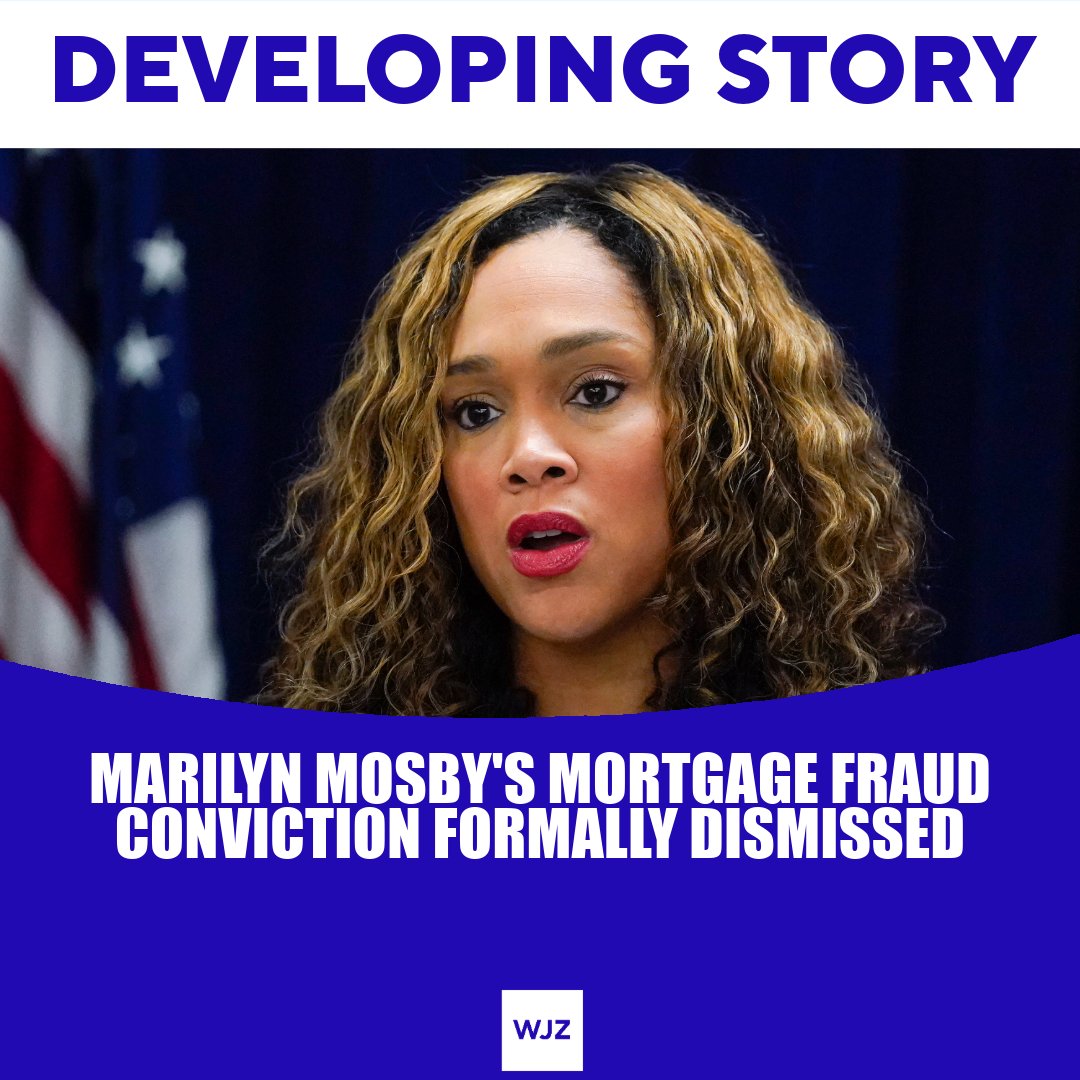 wjz's tweet photo. Former Baltimore State's Attorney Marilyn Mosby's mortgage fraud conviction has been dismissed after prosecutors decided not to pursue a retrial.

https://t.co/ljRYlf7DVH https://t.co/LlOSC3j4DC