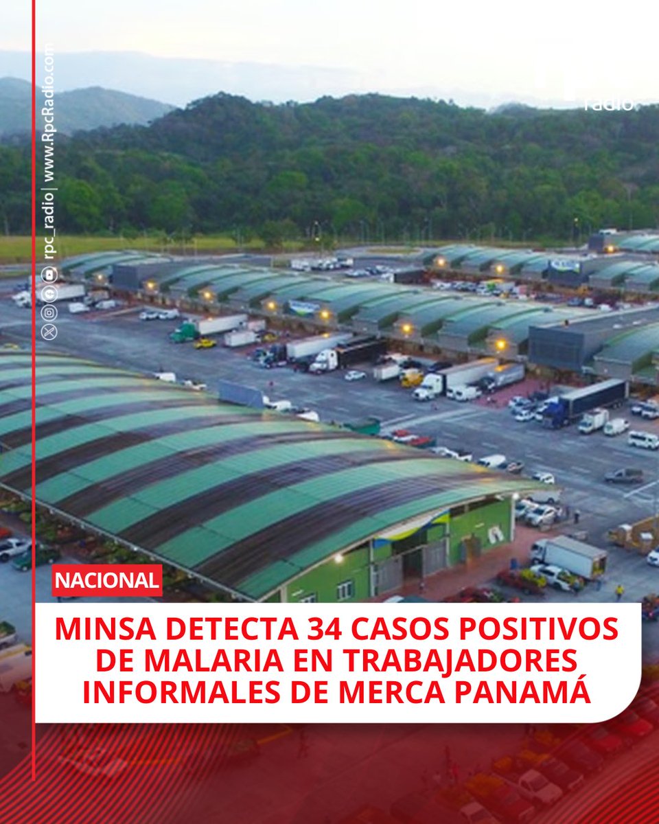 rpc_radio's tweet photo. El Ministerio de Salud (@minsapma) confirmó 34 casos positivos de malaria en trabajadores informales que permanecen en los alrededores de Merca Panamá, en la vía Centenario, corregimiento de Ancón.

Las autoridades mantienen acciones de diagnóstico, tratamiento, vigilancia epidemiológica y fumigación para controlar la enfermedad. El Minsa aclaró que la malaria no se transmite por el consumo, la compra ni la manipulación de alimentos, por lo que los productos comercializados en este mercado no representan una vía de contagio.

Se recomienda utilizar repelente, vestir ropa que cubra brazos y piernas y acudir a una instalación de salud ante síntomas como fiebre, escalofríos, sudoración o dolor de cabeza.

 #RPCRadio
