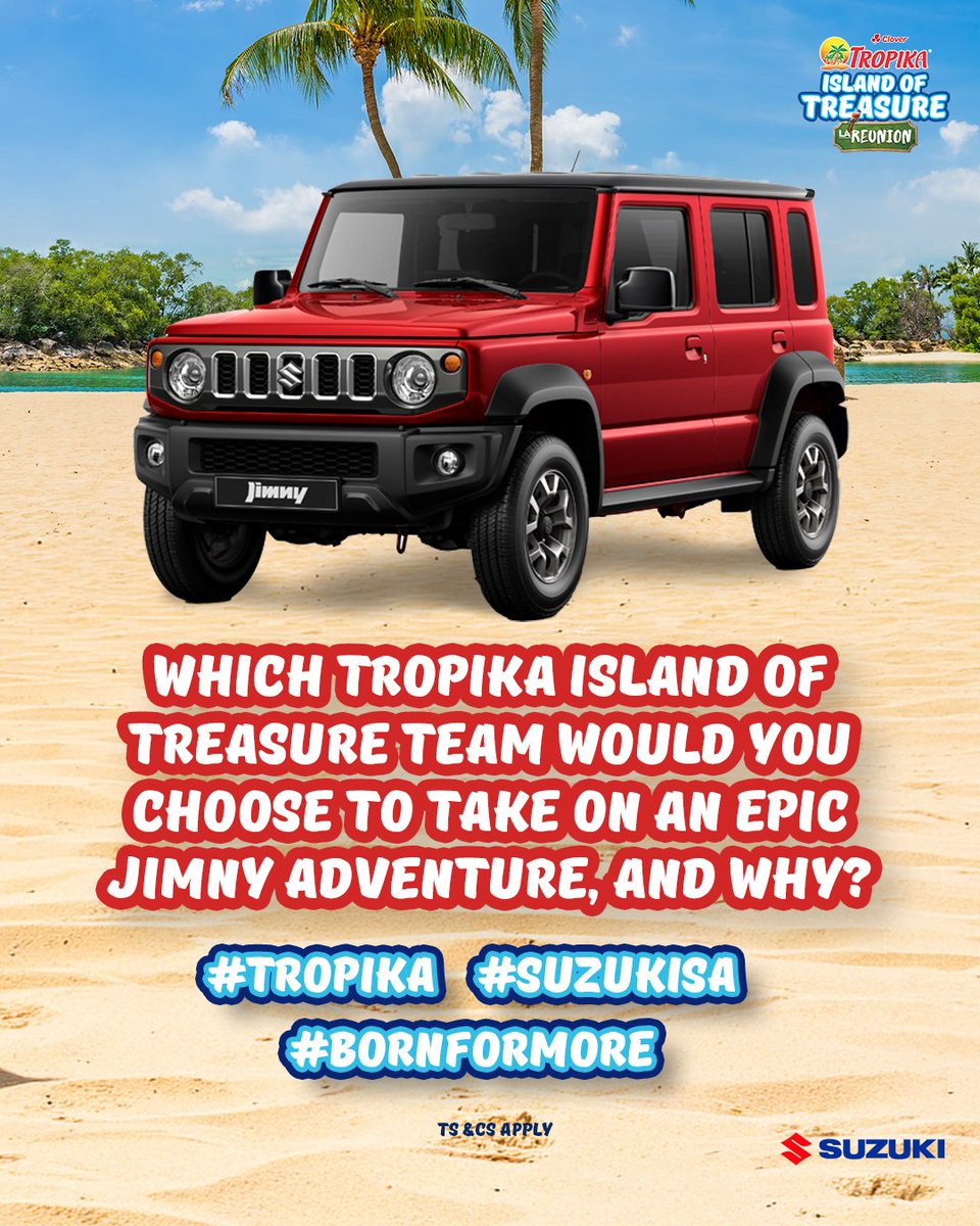 MyTropika's tweet photo. Stand the chance to win a @Suzuki_ZA Jimny 5-Door!  🚙💨

Which Tropika Island of Treasure team would you choose to take on an epic Jimny adventure, and why? 💪 Let us know and use #Tropika #SuzukiSA and #BornForMore to enter. Ts&amp;Cs apply.

#IslandofTreasure #TIOTReunion https://t.co/sk4tSpBRcv
