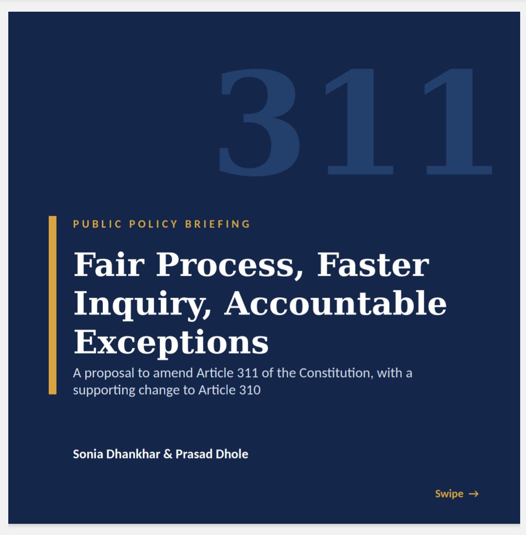 ThePrasadLogs's tweet photo. A delayed inquiry &amp; dismissal without inquiry are different problems. Mixing them up is where the Article 311 debate goes wrong.

@Soniadhankr &amp; I studied this issue holistically. We propose a targeted amendments-
Fair process
Faster inquiry
Accountable exceptions

#Article311 https://t.co/us15QfJgaY