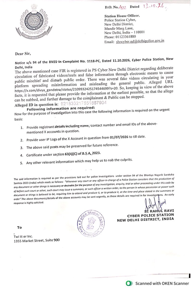 divya_gandotra's tweet photo. Hello @DelhiPolice, I want to understand what crime I have committed that you are seeking my IP address from X?

I raised a legitimate concern about journalists associated with a Pakistani-operated social media platform reportedly covering protests in Delhi and shaping narratives about India. I asked the authorities to investigate the platform’s ownership, operational base, and compliance with Indian laws.

Instead of a clarification on the issue I raised, I am now looking at a police notice seeking my account details and IP logs in connection with an FIR.

Since when has raising questions about national security and asking for an investigation become grounds for treating the person raising the concern as a culprit?

If my post contains fabricated information, let the facts be examined. If I have violated any law, please specify the exact offence and the evidence supporting it.

But seeking an individual’s IP logs is a serious investigative step. The public deserves to understand the legal basis for such action, especially when the original post raises a matter of public interest.

I respect the law and the investigative process. All I ask is this: What exactly is the alleged offence, and why am I being investigated for raising this concern?

@GoI_MeitY @PIB_India @KanoongoPriyank