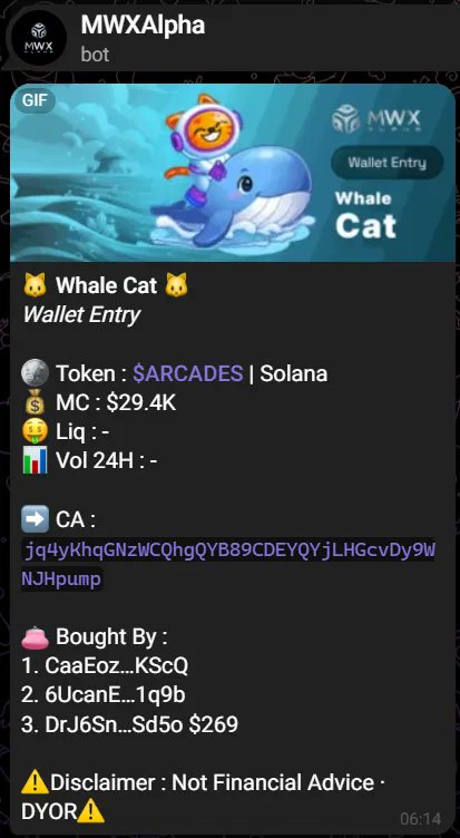 mwx_ai's tweet photo. 🐋 Whale Cat fired on solana:jq4yKhqGNzWCQhgQYB89CDEYQYjLHGcvDy9WNJHpump: 3 tracked wallets entered.

First KOL call: $25.8K MC
Wallet entries: $29.4K MC
ATH: $304.9K MC

Calls and wallets lined up under $30K.
MWX Alpha tracks both. https://t.co/cYT7Wbp0aL
