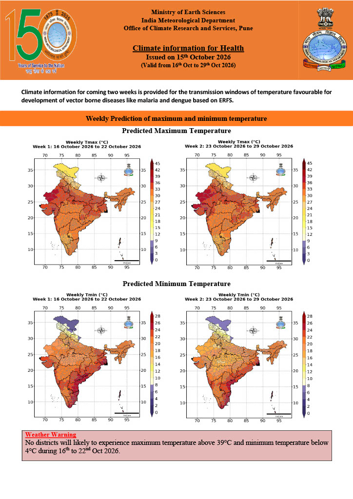 ClimateImd's tweet photo. As part of our climate services for public health, we publish a Weekly Health Bulletin every Friday. It provides district-level forecasts for the next two weeks on temperature conditions that may favour malaria and dengue transmission. 
Read here: https://t.co/QCJ0Z4PKj0 https://t.co/2Of47lSUOU