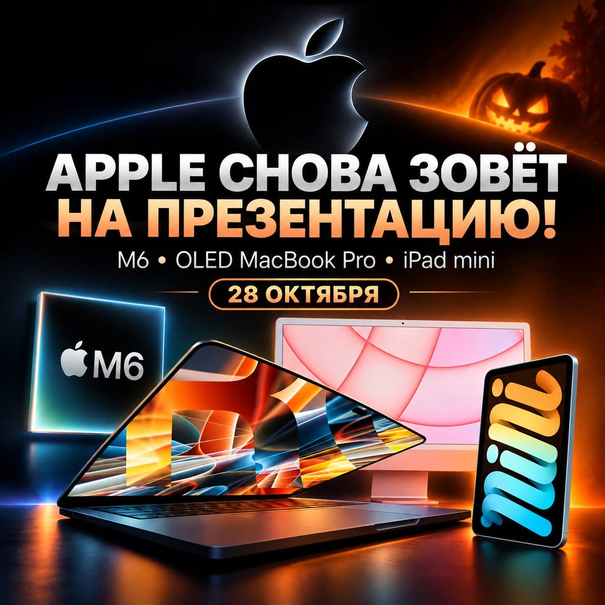 AppleExplosion's tweet photo. 🆘 APPLE СНОВА ПРИГЛАСИЛА НА ПРЕЗЕНТАЦИЮ! НОВИНКИ УЖЕ СКОРО ⚡️

28 октября пройдёт мероприятие Apple для журналистов. По данным Марка Гурмана, ожидаются:

💻MacBook Pro с сенсорным OLED и Dynamic Island
⚡️MacBook Pro и iMac на M6
📱iPad mini с OLED

🎃 Что ждёте больше всего? https://t.co/hcSZgrIa99