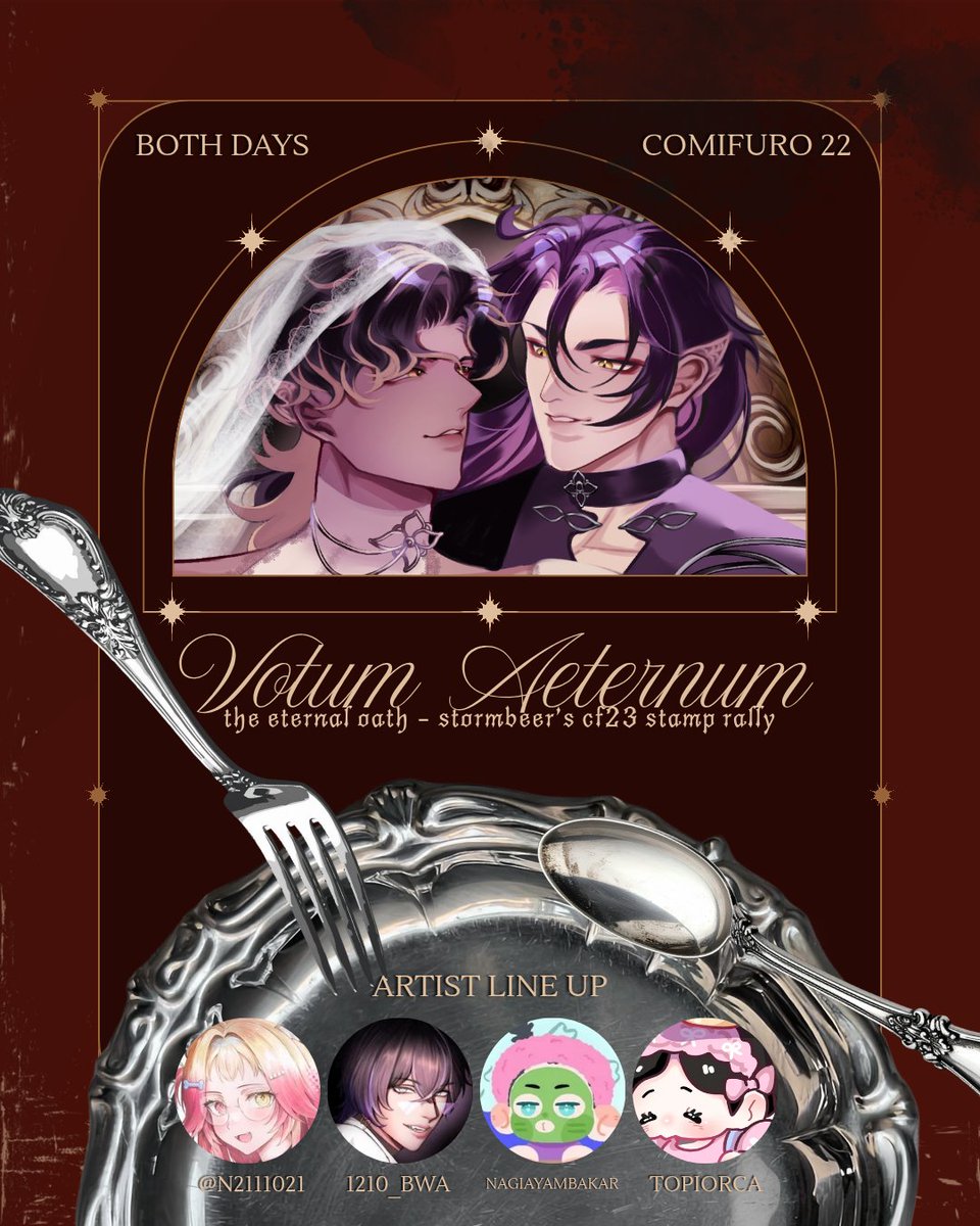 topiorca's tweet photo. Votum Aeternum

[StormBeer's Wedding Stamp Rally]
Comifuro 23

~ limited quantities per day;
details on the picture

artist line up : @N2111021 @1210_BWA @nagiayambakar @topiorca https://t.co/AMiugjXqv7