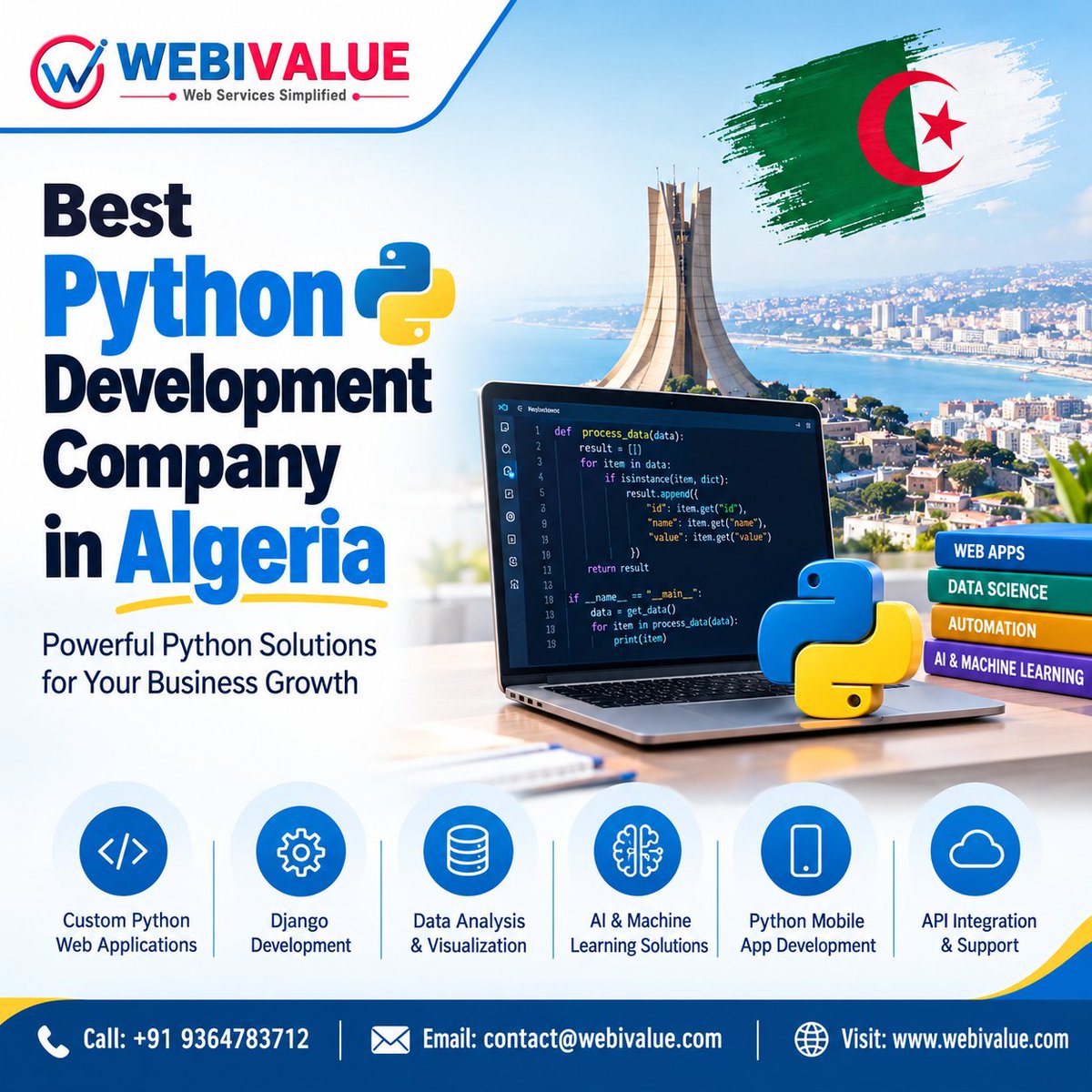 deekshawebi's tweet photo. Looking for the Best Python Development Company in Algeria? 🚀

📞 +91 9364783712
🌐 https://t.co/WsFOH9KKAT
#PythonDevelopment #Django #WebiValue #Algeria https://t.co/ifQqLV7PtK