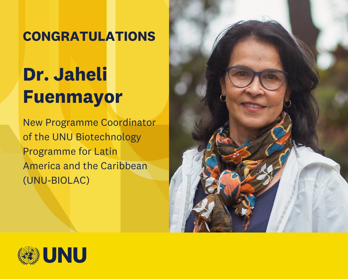 UNUniversity's tweet photo. Congratulations to Dr. Jaheli Fuenmayor on being appointed Programme Coordinator of the UNU Biotechnology Programme for Latin America and the Caribbean in Caracas, Venezuela.

Dr. Fuenmayor assumes her new role today, 15 October 2026.

Learn more: https://t.co/JpyepyAE70 https://t.co/NWNXwKrm4O