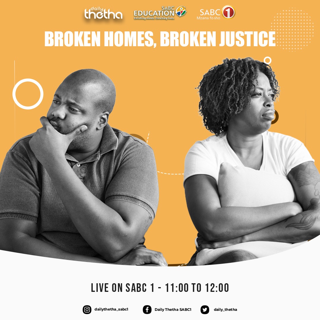 SABCEducation's tweet photo. 💔 Broken Homes. ⚖️ Broken Justice.

What happens when family breakdown and the justice system collide? Join the discussion and be part of the conversation.

📺 #DailyThetha | LIVE on SABC 1 🕚 11:00 - 12:00

#SABCEducation https://t.co/jeDzzSqh4v