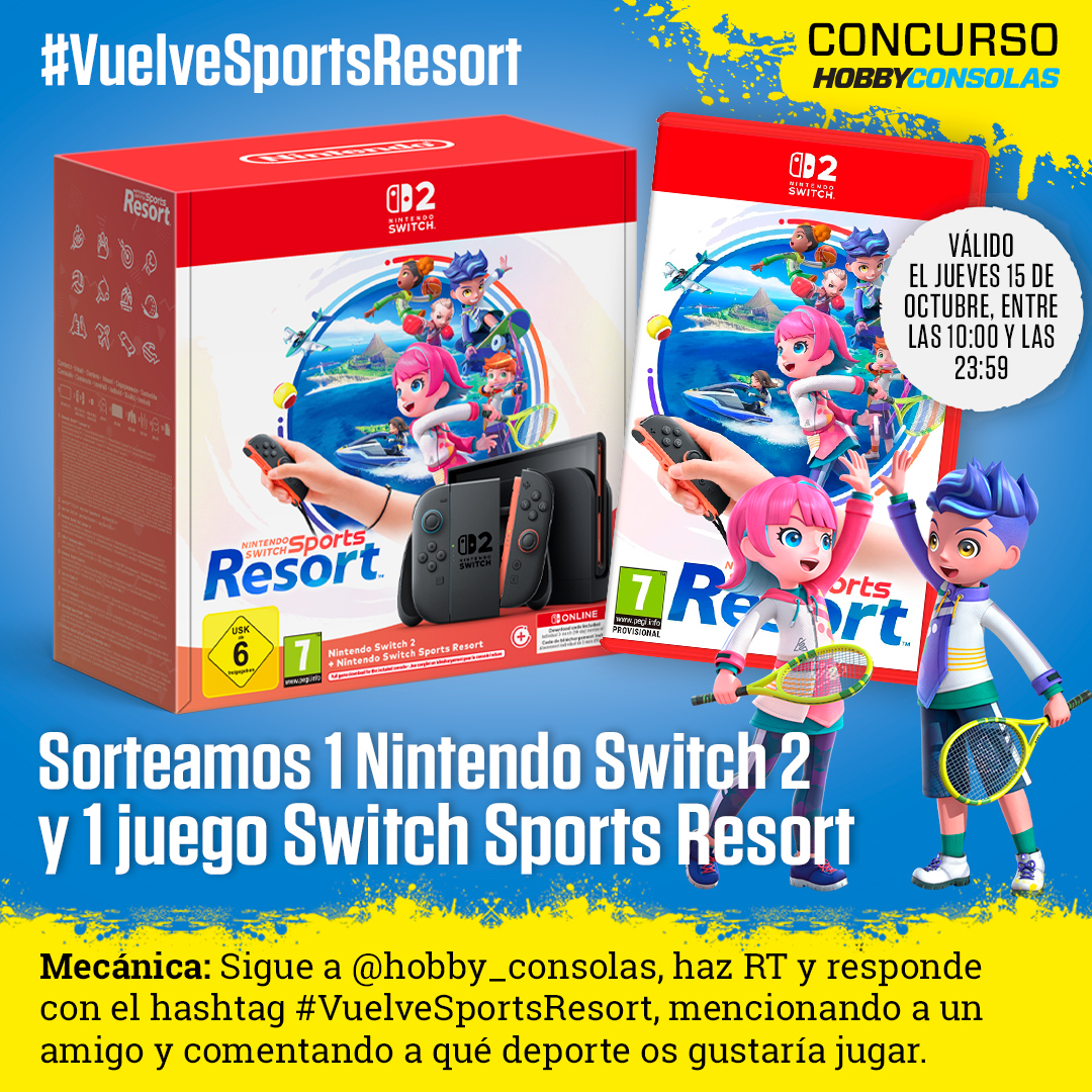 hobby_consolas's tweet photo. 📢 ¡SORTEO!

🎮 1 pack Nintendo Switch 2 + Nintendo Switch Sports Resort
1️⃣ Sigue a @hobby_consolas
2️⃣ RT
3️⃣ Responde con el hasthag #VuelveSportsResort mencionando a un amigo y comentando a qué deporte os gustaría jugar

⏰ ¡Termina HOY! BBLL: https://t.co/wbtOUbKPtH https://t.co/m5yV61lJOv