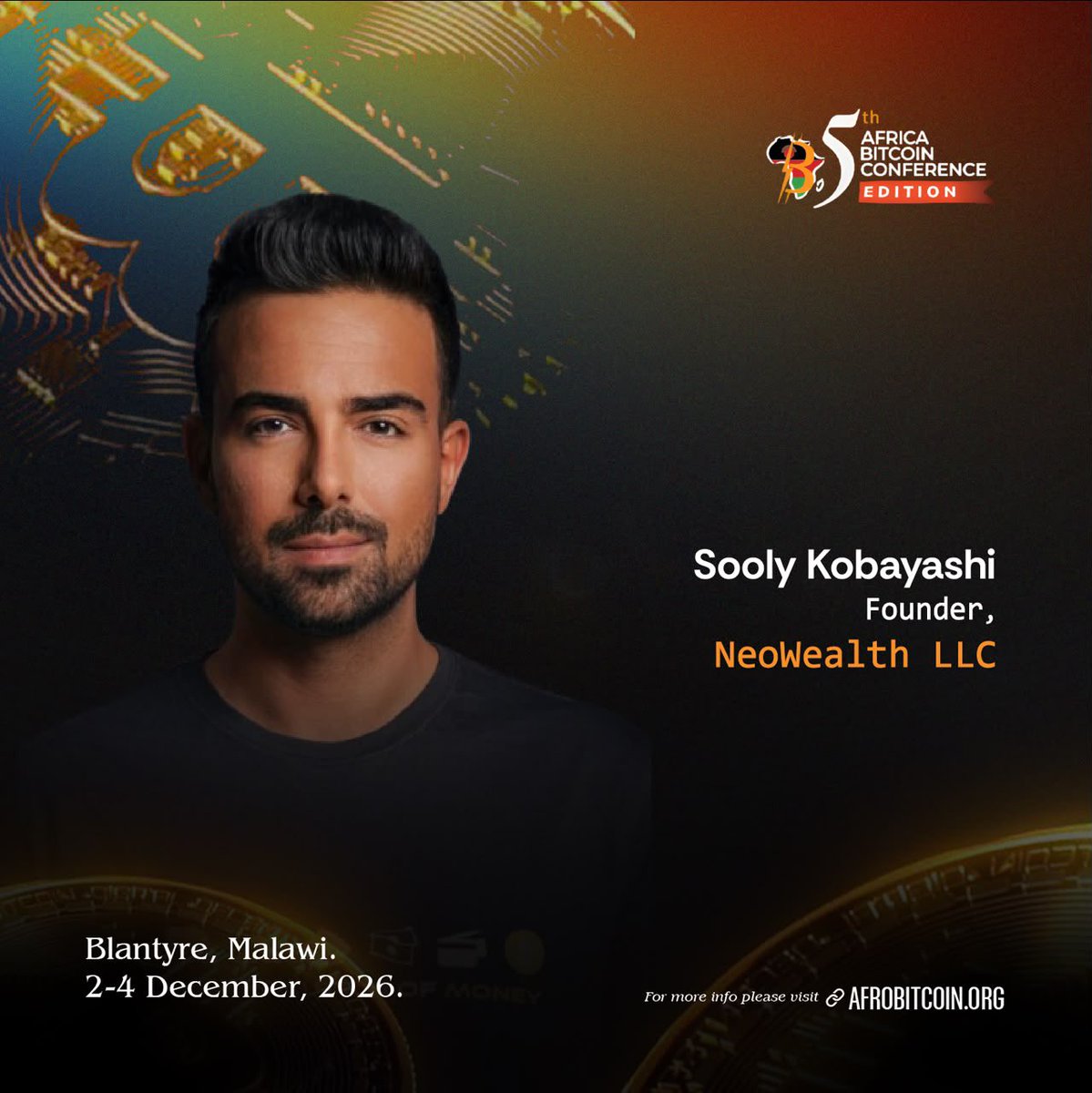 AfroBitcoinOrg's tweet photo. We are pleased to announce Sooly Kobayashi @NeoWealthLLC as one of the speakers at the Africa Bitcoin Conference in Blantyre, Malawi.

Sooly Kobayashi is the founder of NeoWealth, a Bitcoin-only firm helping businesses and high-net-worth individuals across the Middle East and Africa understand and adopt Bitcoin.

He teaches Institutional Adoption in the Master in Bitcoin (Global Edition) at Universidad de las Hespérides, and is also the Middle East and Africa Nation State Advisor for JAN3.

His mission is to bridge Bitcoin's transformative potential with the economic and operational realities of businesses across Africa.

Don’t miss any of his session at ABC2026.

Get 20% off your ABC2026 tickets and secure your pass today.
https://t.co/RTqGs25Z9J
https://t.co/XPvTIWhM4q

#ABC2026 #Malawi #Blantyre #Africa