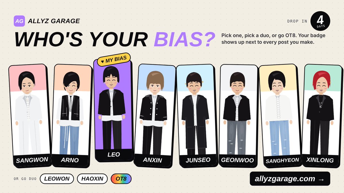 ALLYZgarage's tweet photo. Who's your bias?

On ALLYZ Garage you pick one member, a duo or OT8, and your badge shows up next to everything you post. 

LEOWON, HAOXIN and every other duo is there.

4 days to go. 
Doors open Monday at 14:00 CEST.
 https://t.co/mMs9RiuNS8

#ALPHA_DRIVE_ONE #ALD1 #ALLYZ https://t.co/uw1lBbj8j6
