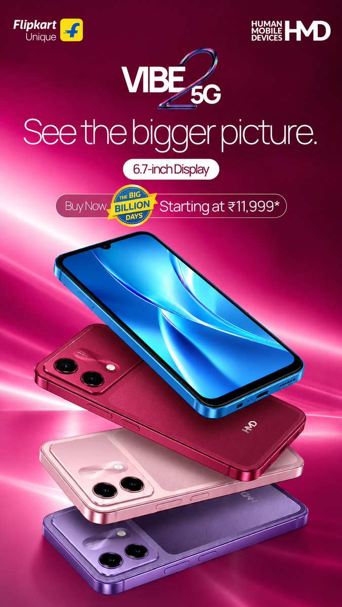 HMDdevicesIN's tweet photo. See the bigger picture.

The HMD Vibe2 5G features a 6.7-inch display, with prices starting at ₹11,999.

Available in multiple colours. 

Get yours on Flipkart: https://t.co/56dPSYpn2d

#HMD #HMDIndia #HMDVibe2 #Vibe2 #BigBillionDays https://t.co/J1dwo25uEA