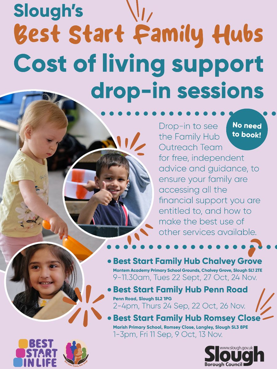 SloughCouncil's tweet photo. Cost of living support drop-in sessions!
Drop-in to see the Family Hub Outreach Team for free, independent advice &amp; guidance, ensure you are accessing all the financial support you are entitled to, &amp; how to make the best use of other services.
Dates, venues &amp; times below. https://t.co/n3UQynPpIX
