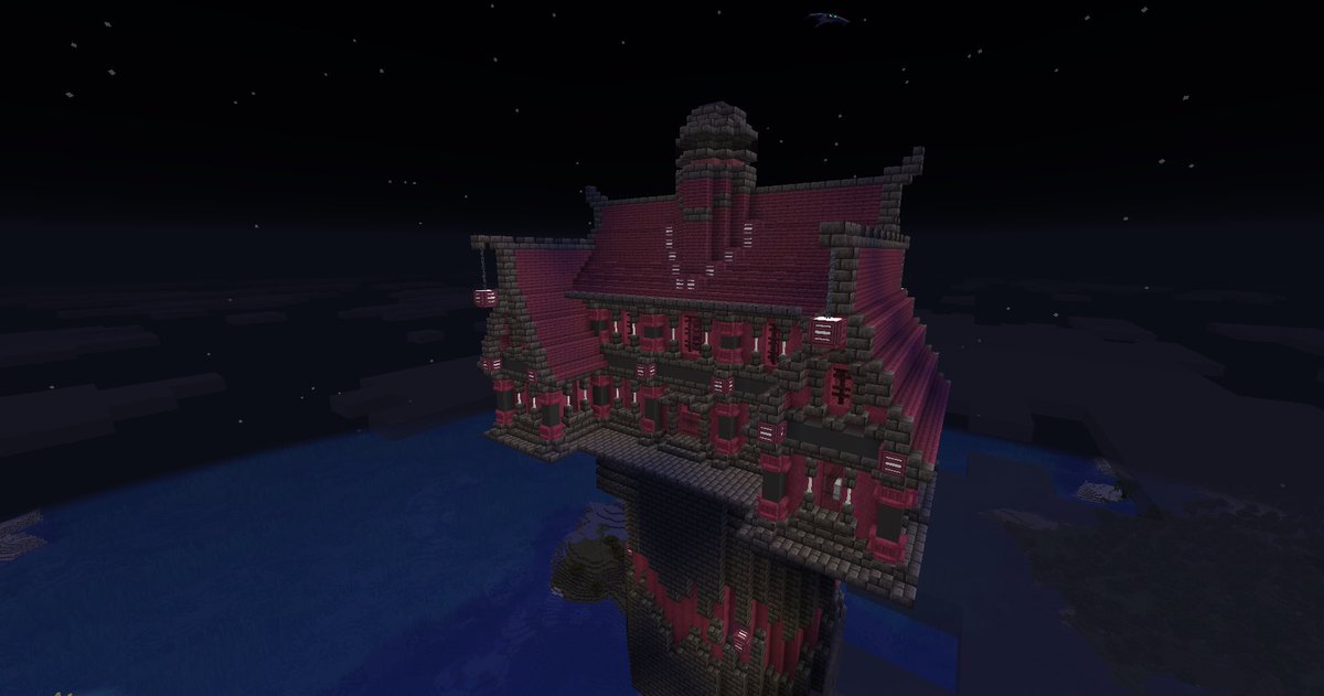 Inui_NorA's tweet photo. 【マイクラ 建築進捗】
天空城モンスタートラップタワー

形が少しネザー城と似てるけど、天空にお城作ってみて欲しいって前に言われたから、赤紫とダークグレーをベースに作成！
お城の下が天空モンスタートラップタワーになってて、その上に簡単なお城と噴水を作りました😊 https://t.co/zVrTOI5YtA