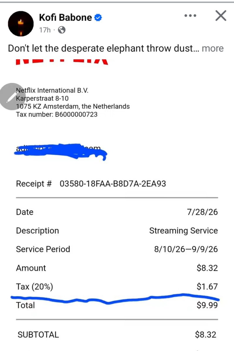 Kiss_Mequikk's tweet photo. Thank you, Ghana Revenue Authority, for the quick response to the NPP propaganda. But why do you always wait for the NPP to start spinning issues before responding?
Kofi Babone shared a receipt of his Netflix transactions, showing he has been paying long before this GRA brouhaha https://t.co/andVHKwdw8