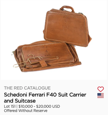 OctaneJames's tweet photo. I love browsing auctions like this (who wouldn't want a Ferrari F40 suit carrier and suitcase?), but buried deep in this Ferrari sale is a bunch of Alfa spares and automobilia (240-260) and a load of low-estimate Alfa Romeo cars (lot 440 on). https://t.co/U27v0WczUo https://t.co/WCBtu2uz7N