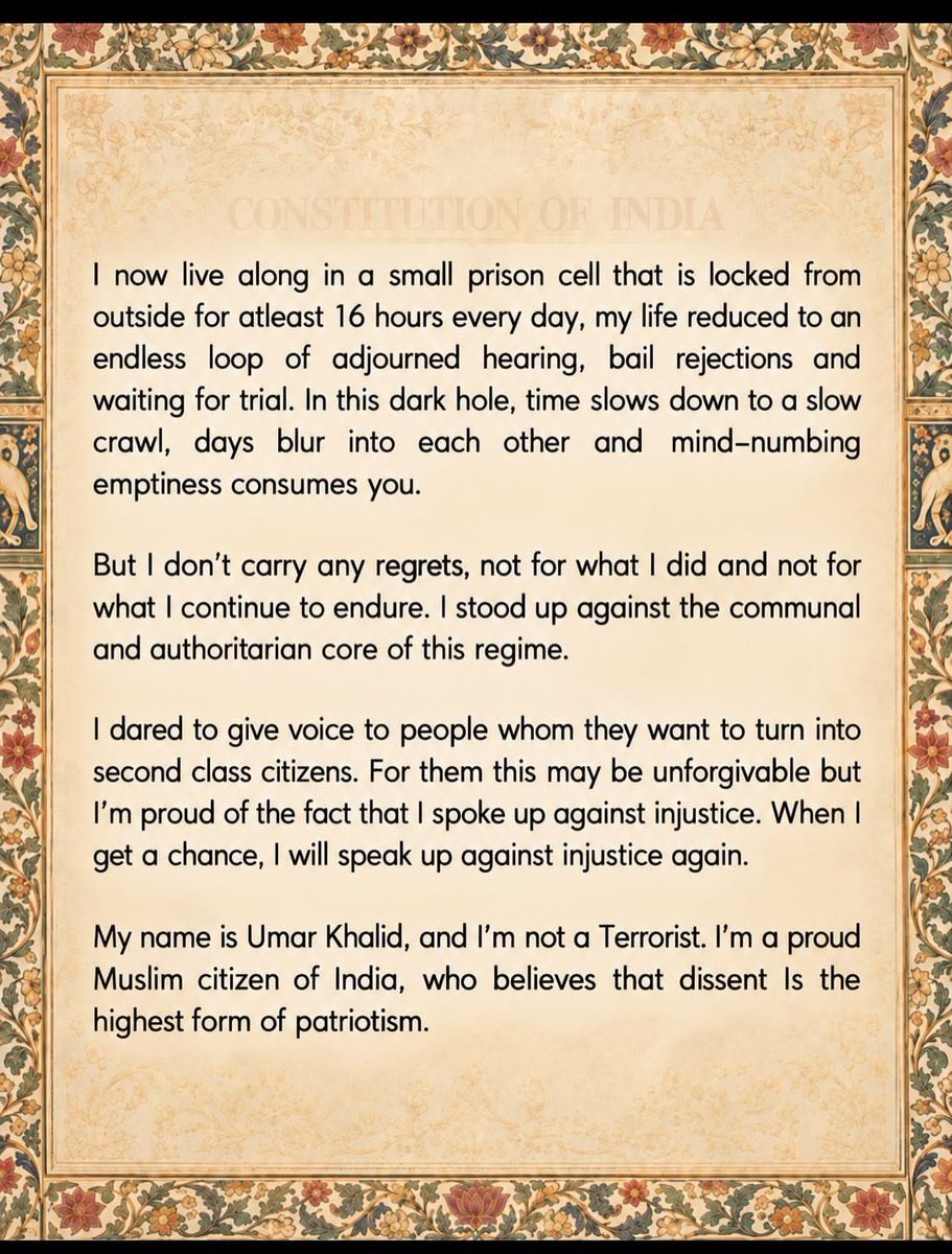 kaushikrj6's tweet photo. "My name is Umar Khalid, and I am not a terrorist. I am a proud Muslim citizen of India, who believes dissent is the highest form of patriotism."

Umar Khalid's prison notes after 6 years of captivity. It's a shame that such a bright scholar is in jail for 6 yrs without trial. https://t.co/C0nzgZ74Az
