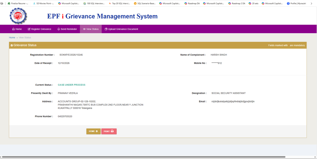 HarshSinghbns's tweet photo. 2 months and NOT a single update! Second time I am raising a grievance for the same issue, yet @epfokukatpally is completely ignoring it. Requesting higher authorities to kindly intervene and check what the social security assistant is doing. @officialepfo @MansukhMandviya https://t.co/XmYCoaTMRb
