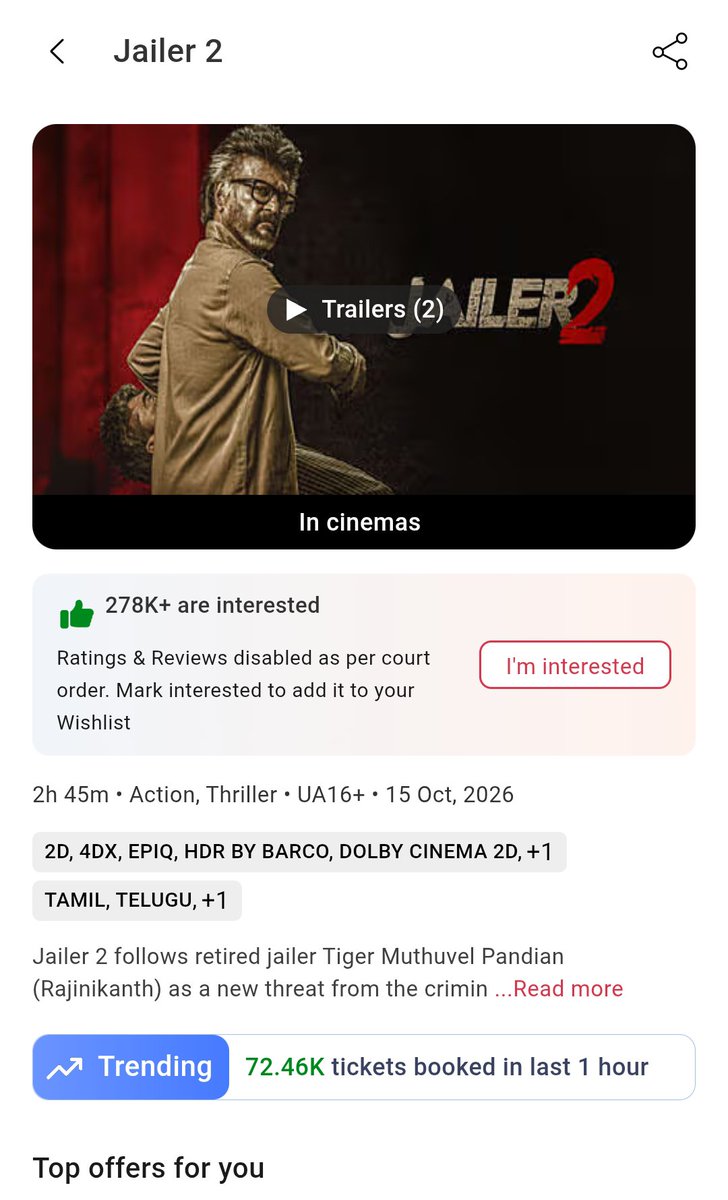 cineverse_24's tweet photo. #Jailer2 All-Language Hourly Advance Booking on BookMyShow has crossed 76K+ 🔥

80K+ is now just a matter of time! 🚀

At this stage of his career, Rajinikanth pulling numbers like these is simply unreal. 🔥

#Rajanikanth https://t.co/7H2hTUdGGQ