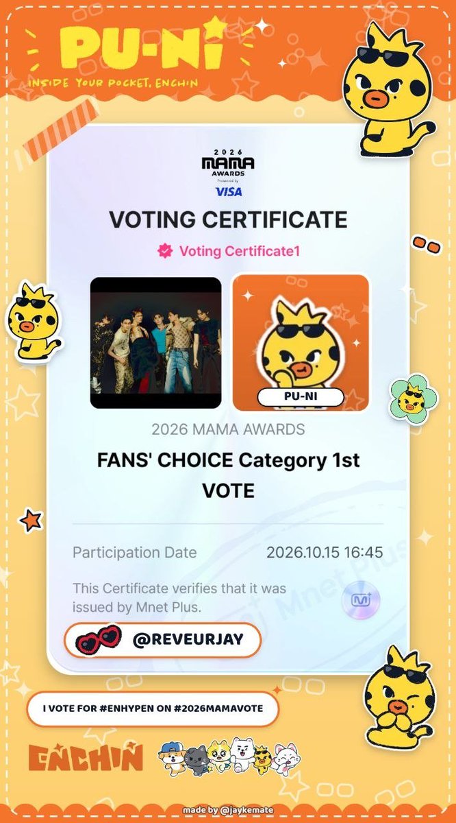 REVEURJAY's tweet photo. LET'S GO!!! #ENHYPEN ON #2026MAMAVOTE https://t.co/bmwvXzfVYW