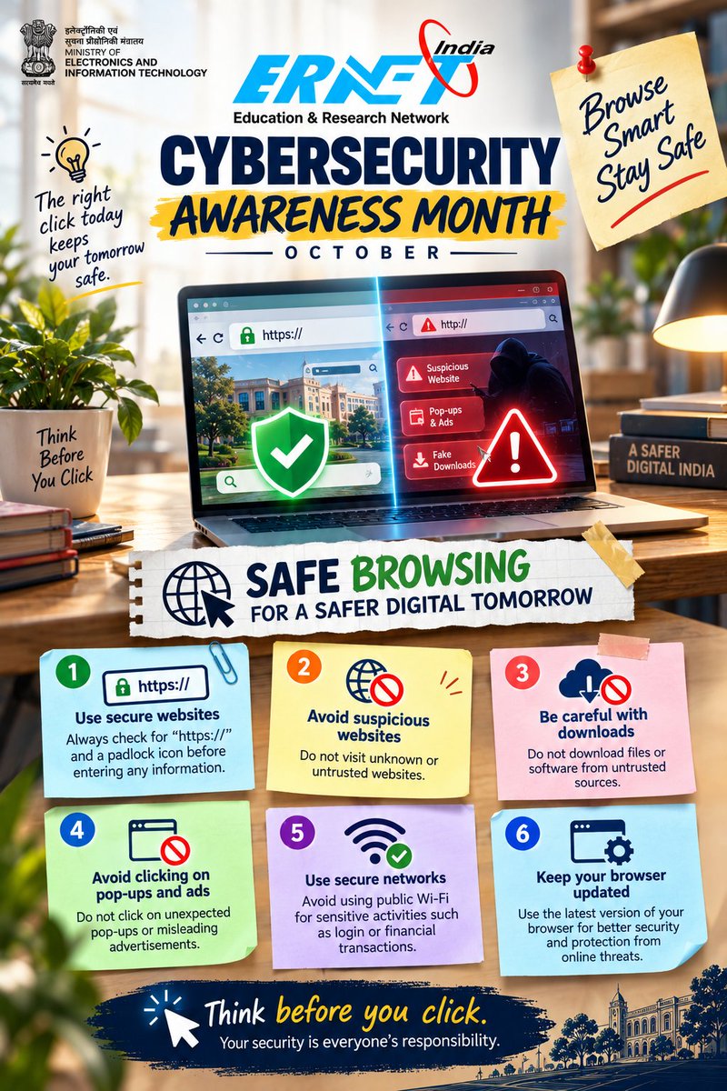 ERNET_India's tweet photo. This Cybersecurity Awareness Month, ERNET India encourages everyone to adopt safe browsing habits and contribute to a more secure digital ecosystem.

#CyberSecurityAwareness #SafeBrowsing #StayCyberSafe #DataProtection #InformationSecurity #DigitalIndia #ERNETIndia #MeitY https://t.co/rhKOeliJDm