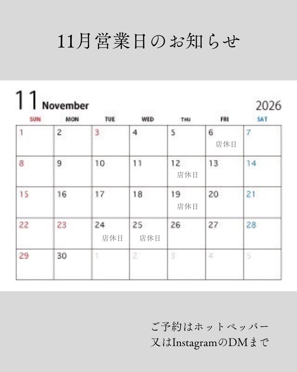 NailM87456's tweet photo. 📢 11月の営業日のお知らせ

11月の店休日は画像をご確認ください🕊️

ご予約はホットペッパー、またはInstagramのDMからお待ちしております💅🏻

11月も皆さまのご来店を心よりお待ちしております♡ https://t.co/xhQm0XLSst