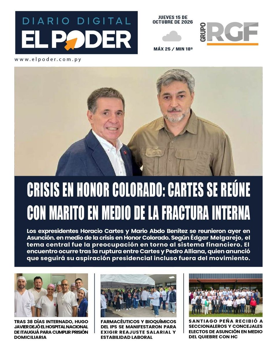 elpoderpy's tweet photo. ¡Buenos días! Empezá tu jornada bien informado.
📰 Portada de nuestro diario #ElPoderPy del jueves, 15 de octubre de 2026.
🗞️ Te compartimos también los temas más destacados de los diarios nacionales.
Seguinos en: 📲 Facebook 📲 Tik Tok 📲 Ig
#TapasDeDiarios #Noticias https://t.co/euSw8AQJ2f
